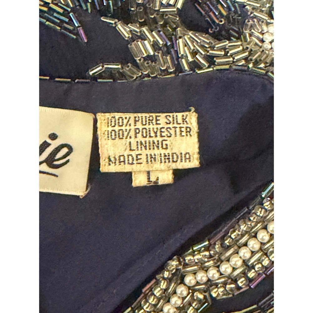 Vinnie Womens Navy Blue Silk Beaded Floral Evening Jacket Duster Size L Vintage - Picture 6 of 7